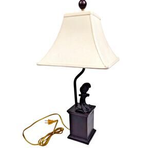 22" Vintage Bronze Parrot Parakeet Figural Table Lamp w Square Shade Square Base